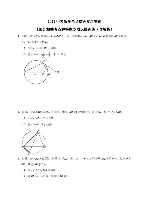 2021年中考数学考点综合复习专题 【圆】相关考点解答题专项巩固训练(含解析)