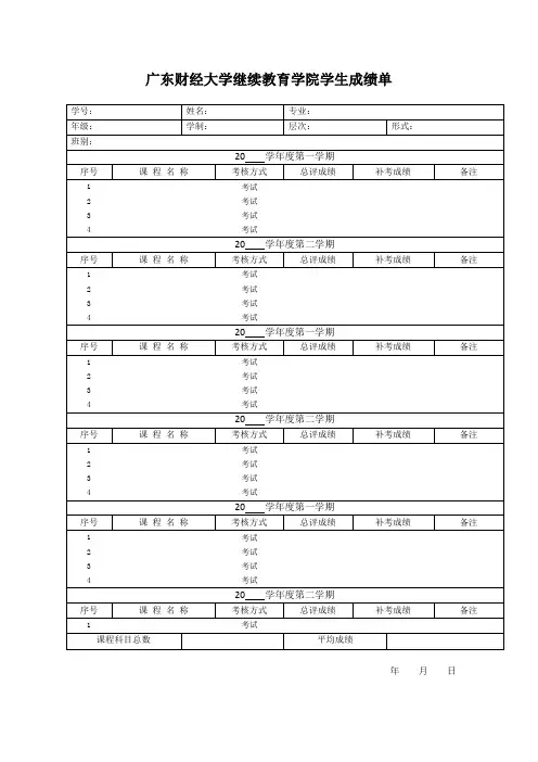 广东财经大学继续教育学院学生成绩单 模板
