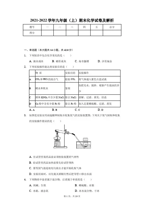 2021-2022学年九年级(上)期末化学试卷及解析