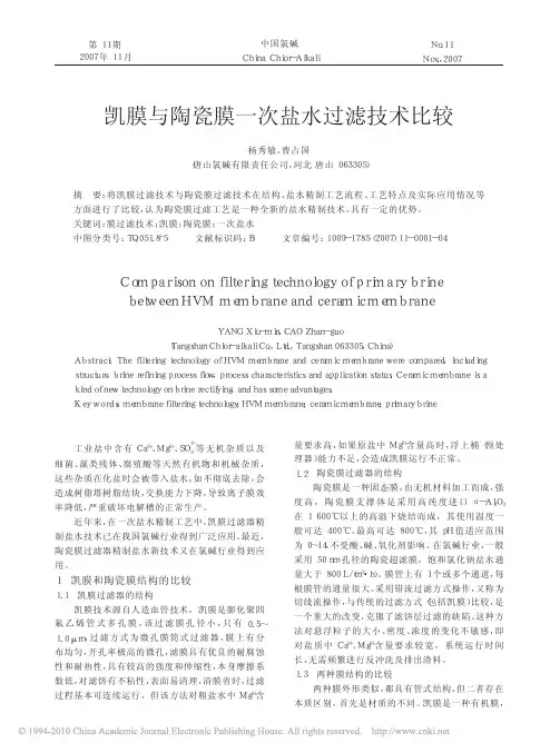 凯膜与陶瓷膜一次盐水过滤技术比较