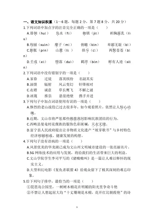云南省文山州2018-2019学年八年级下学期期末考试语文试题