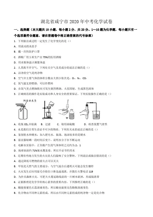 湖北省咸宁市2020年中考化学试卷(word版,含解析)
