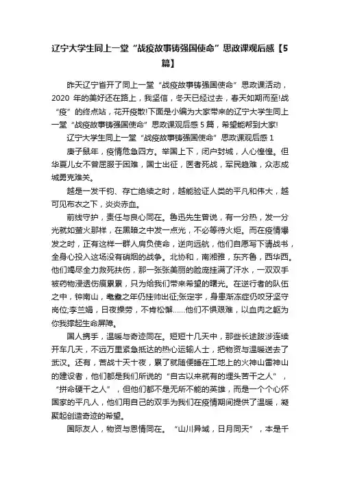 辽宁大学生同上一堂“战疫故事铸强国使命”思政课观后感【5篇】
