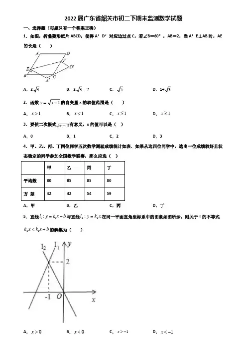 2022届广东省韶关市初二下期末监测数学试题含解析