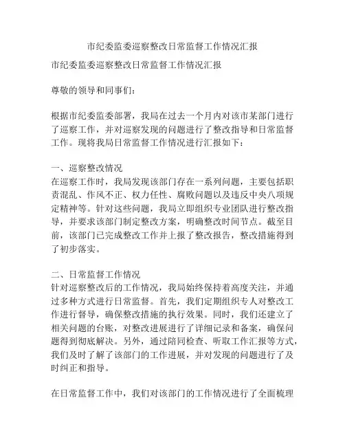 市纪委监委巡察整改日常监督工作情况汇报