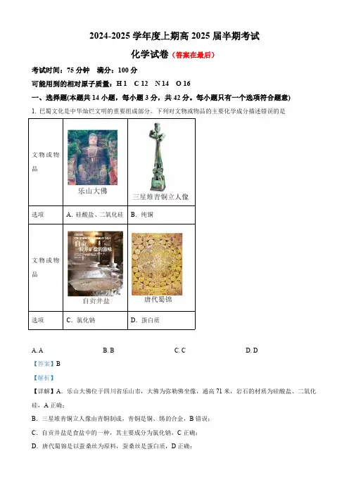 四川省成都市2024-2025学年高三上学期11月期中考试化学试题含解析