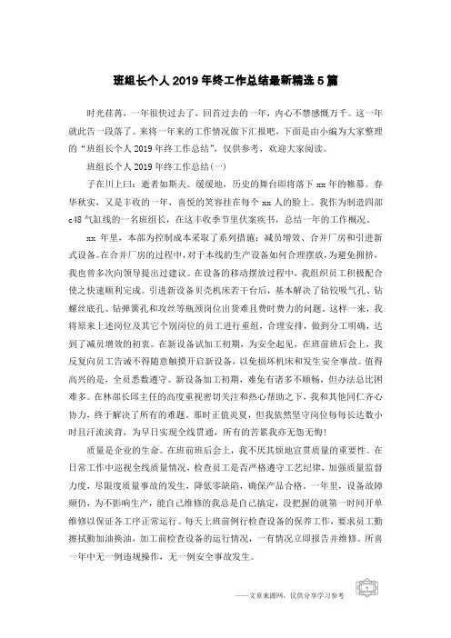 班组长个人2019年终工作总结最新精选5篇