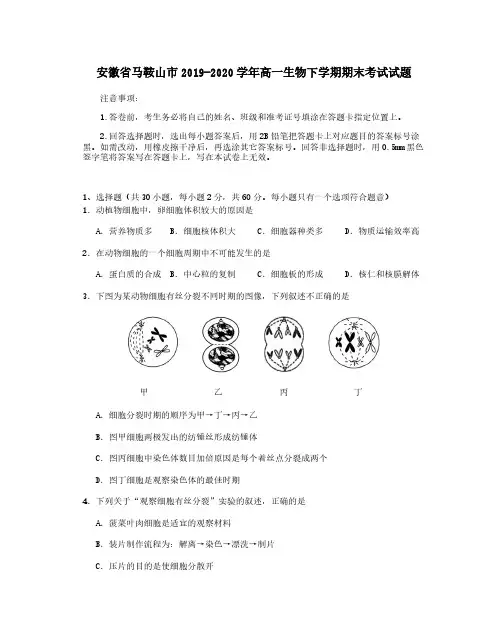 安徽省马鞍山市2019-2020学年高一生物下学期期末考试试题【含答案】
