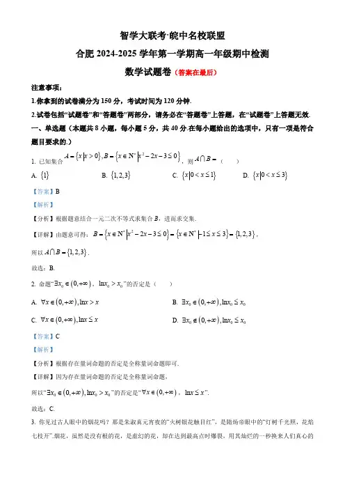 安徽省合肥市2024-2025学年高一上学期期中检测数学试题含答案