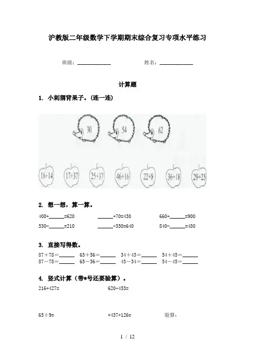 沪教版二年级数学下学期期末综合复习专项水平练习