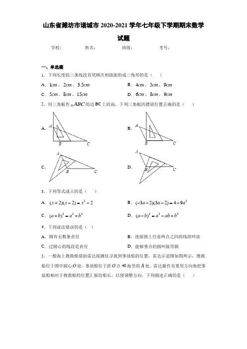 山东省潍坊市诸城市2020-2021学年七年级下学期期末数学试题