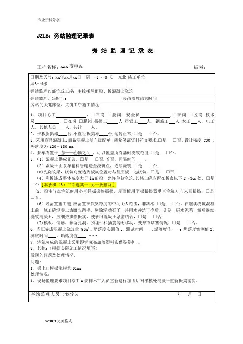 变电工程监理质量旁站记录文本