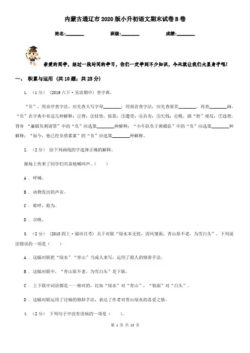 内蒙古通辽市2020版小升初语文期末试卷B卷