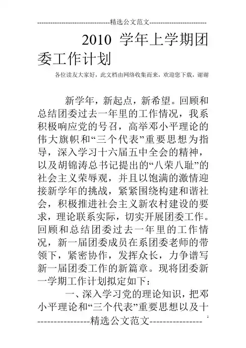 2010学年上学期团委工作计划