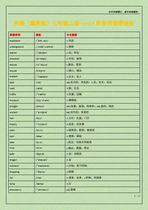 英语(冀教版)七年级上册Unit 6的单词表带音标