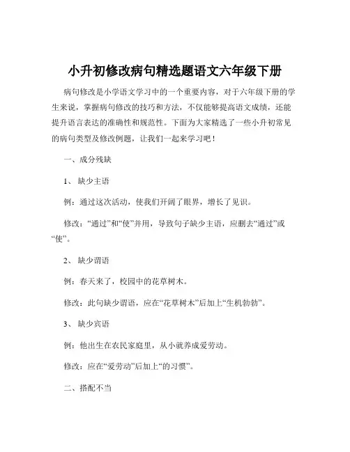 小升初修改病句精选题语文六年级下册