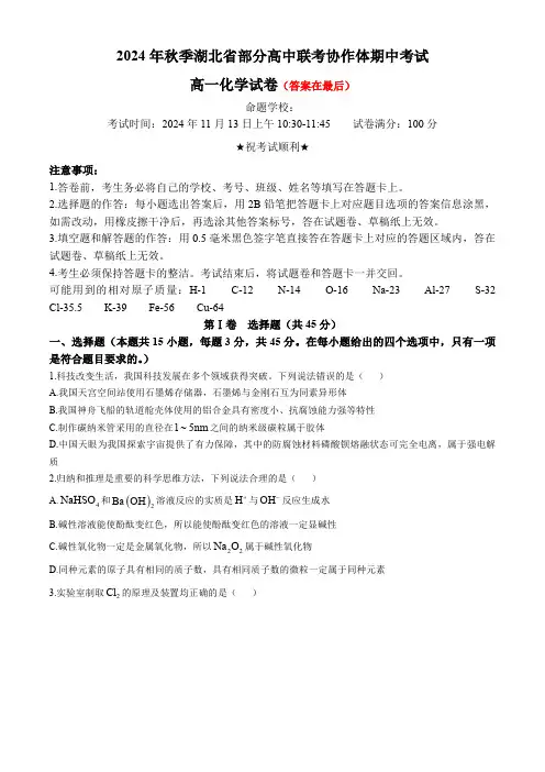 湖北省部分高中期中联考2024-2025学年高一上学期11月期中化学试题含答案