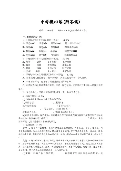 人教版九年级语文中考模拟卷(附答案)