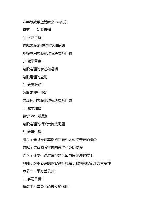 八年级数学上册教案(表格式)
