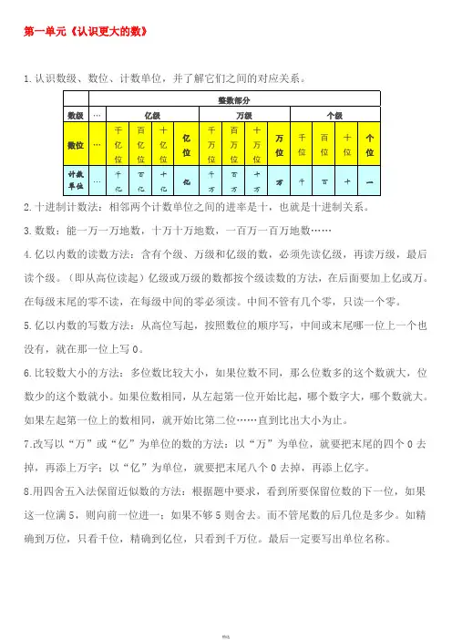 最新北师大版四年级上册各单元数学复习知识点