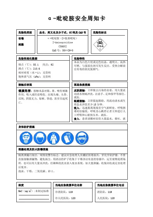 α-吡啶胺安全周知卡、职业危害告知卡、理化特性表