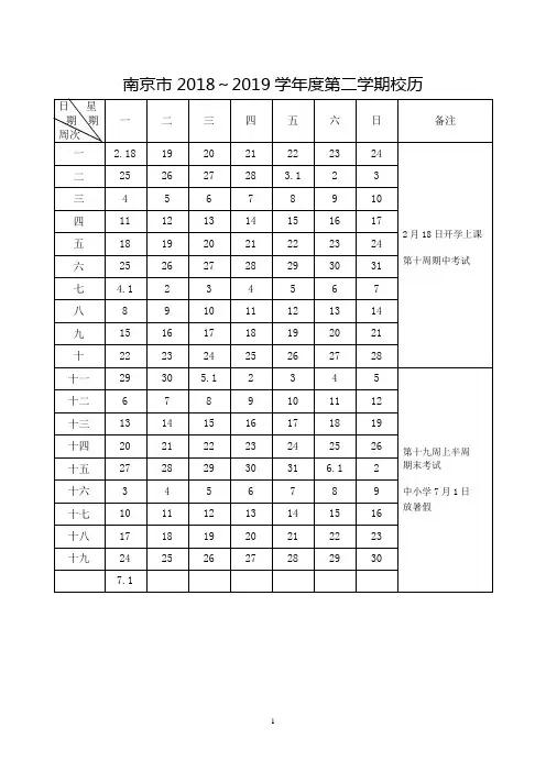 南京市2018～2019学年度第二学期校历