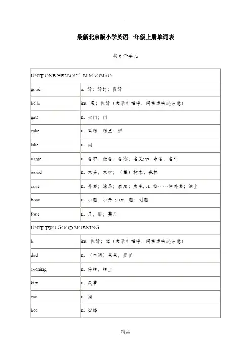最新北京版小学英语一年级上册单词表