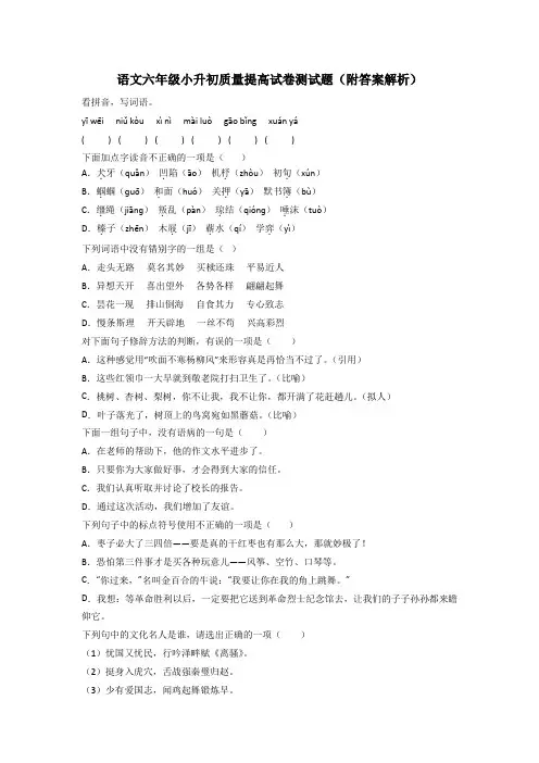 语文六年级小升初质量提高试卷测试题(附答案解析)