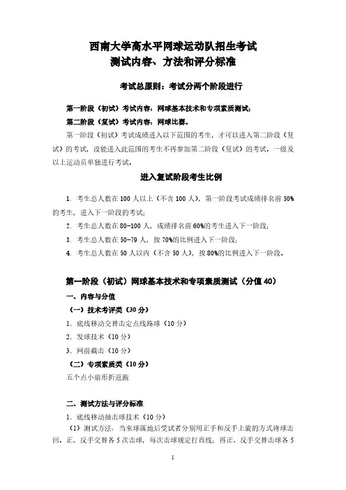 西南大学高水平网球运动队招生考试测试内容、方法和评分标