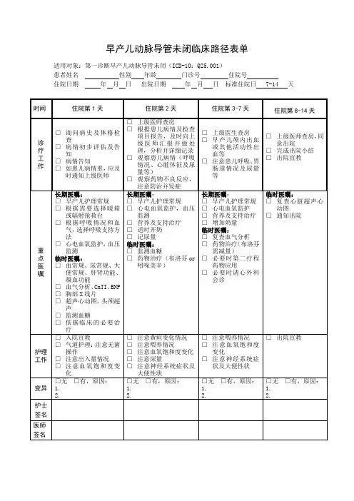 早产儿动脉导管未闭临床路径表单