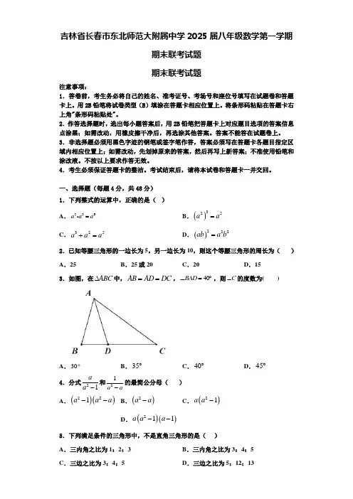 吉林省长春市东北师范大附属中学2025届八年级数学第一学期期末联考试题含解析
