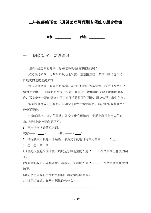 三年级部编语文下册阅读理解假期专项练习题含答案
