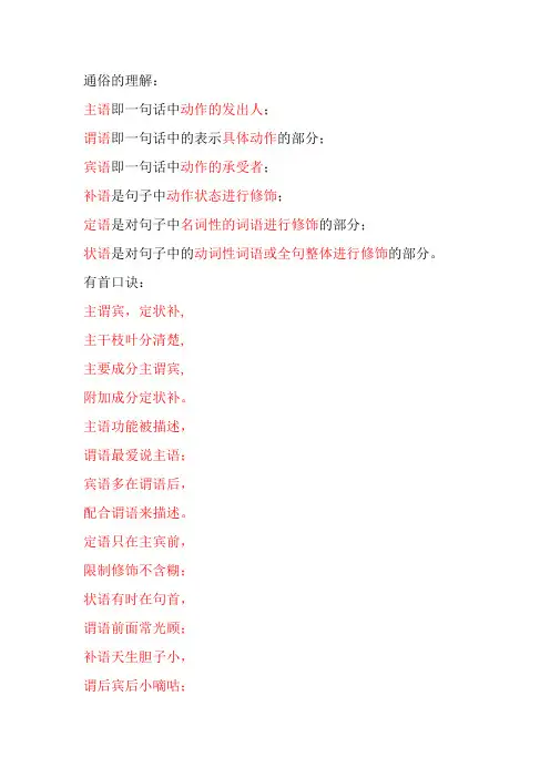 中国语文的语法中“主、谓、宾、补、定、状”的基本概念及用法