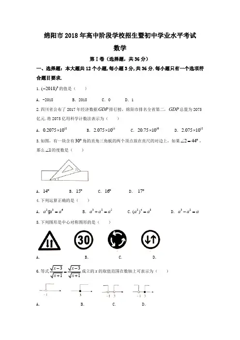 四川省绵阳市2018年初中毕业暨高中阶段招生考试试题数学