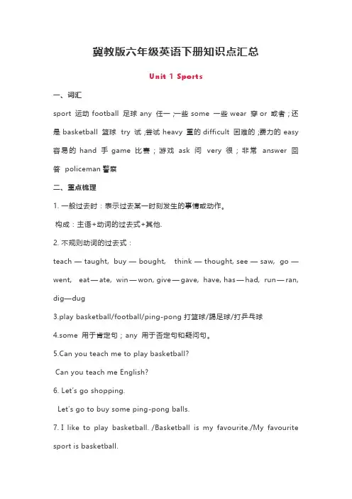 冀教版六年级英语下册知识点汇总