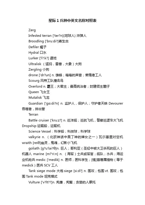 星际1兵种中英文名称对照表