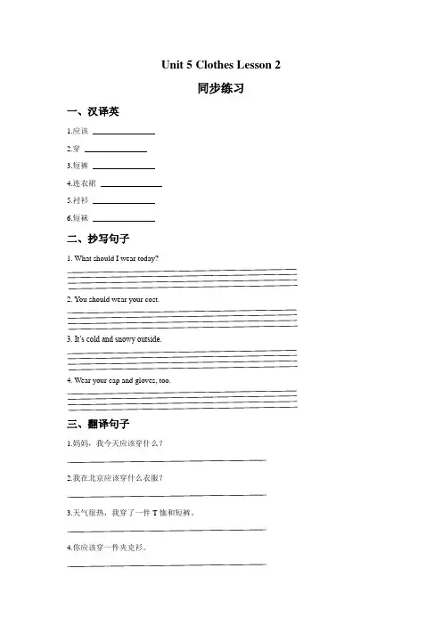 人教新起点版英语三年级上册Unit 5 Clothes Lesson 2 同步练习 3