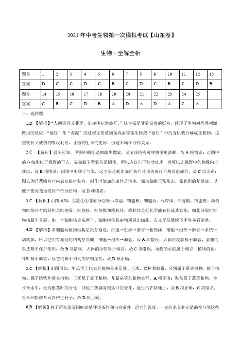 初中生物中考复习 (山东卷)2021年中考生物第一次模拟考试(全解全析)