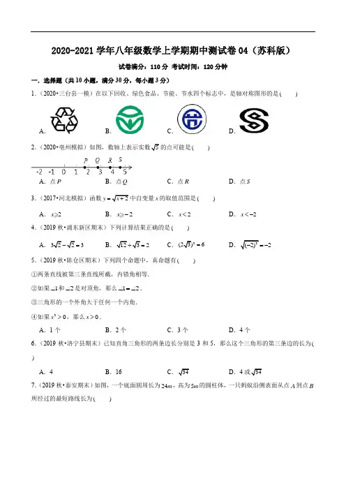 2020-2021学年八年级数学上学期期中测试卷04(苏科版)(原卷版)