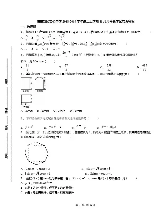 浦东新区实验中学2018-2019学年高三上学期11月月考数学试卷含答案