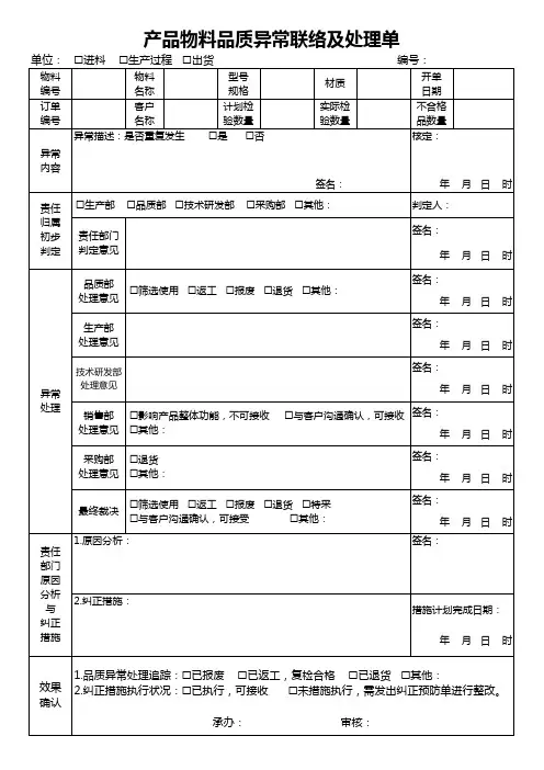 产品物料品质异常联络及处理单