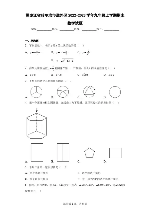 黑龙江省哈尔滨市道外区2022-2023学年九年级上学期期末数学试题(含答案)