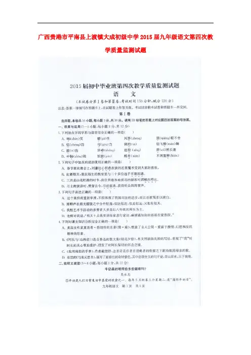 广西贵港市平南县上渡镇大成初级中学九年级语文第四次教学质量监测试题(扫描版)