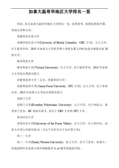 加拿大温哥华地区大学排名一览_1