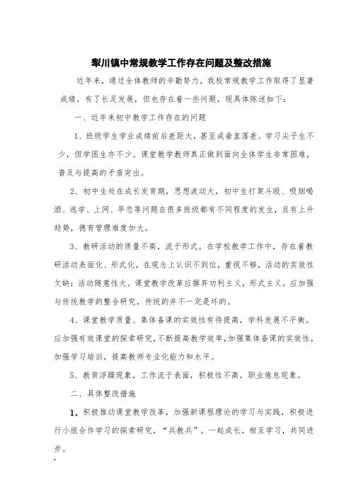 犁川镇中教学工作存在问题及整改措施