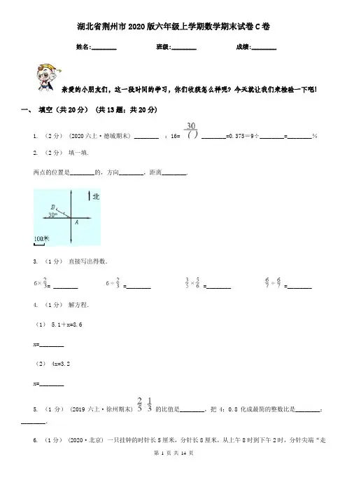 湖北省荆州市2020版六年级上学期数学期末试卷C卷