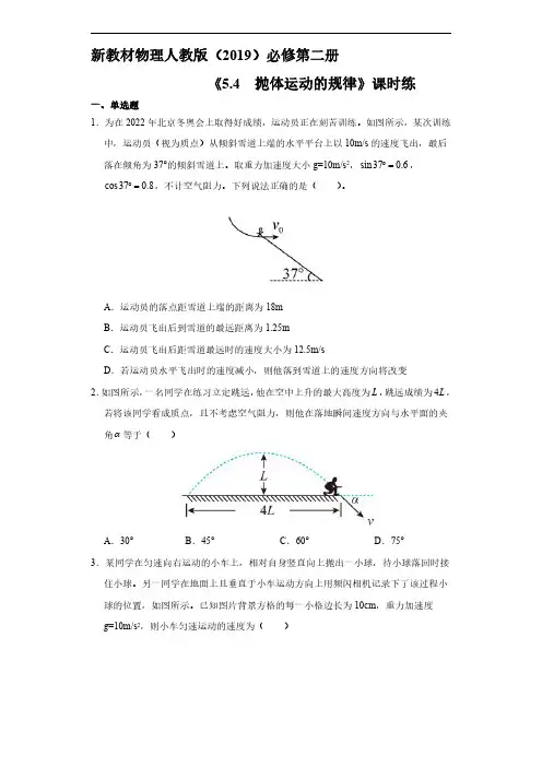 新教材物理人教版(2019)必修第二册课时练《5.4 抛体运动的规律》02(含答案)