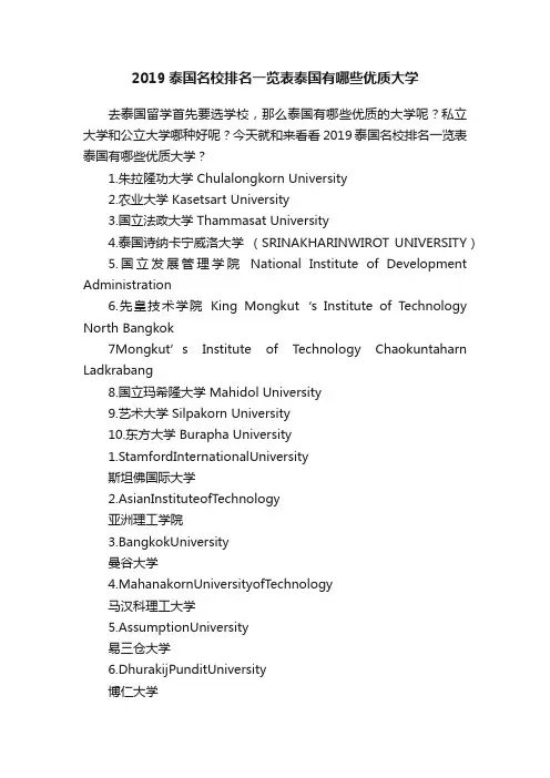 2019泰国名校排名一览表泰国有哪些优质大学