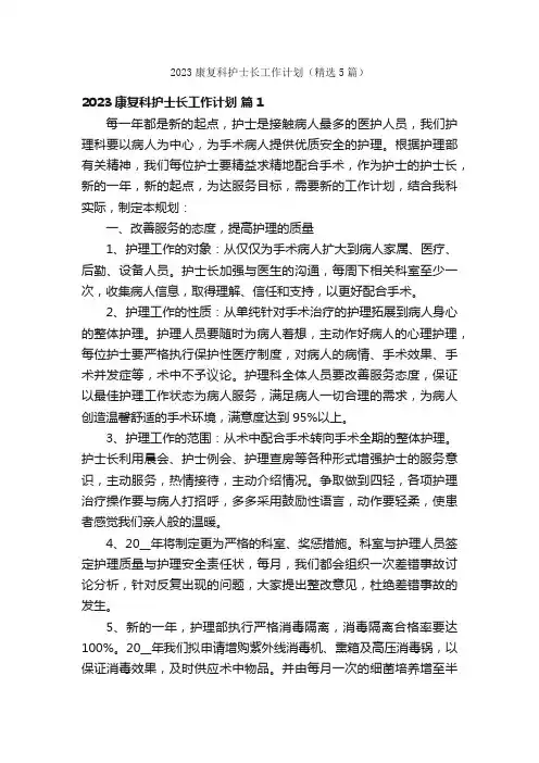2023康复科护士长工作计划（精选5篇）