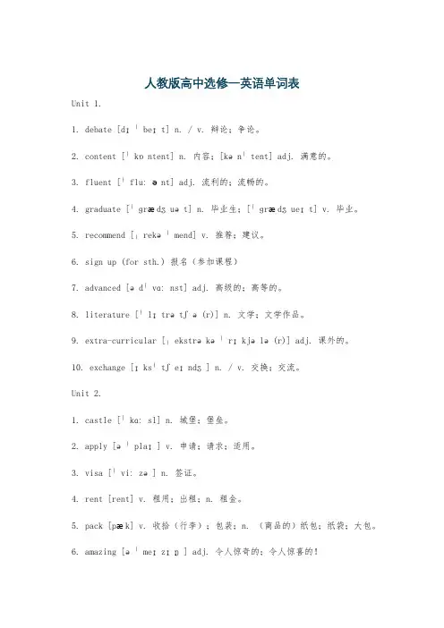 人教版高中选修一英语单词表